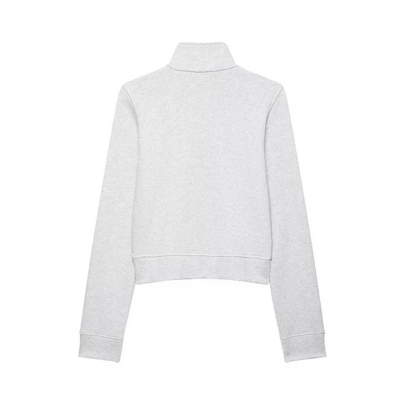 Vintage Cropped Sweat Jacket Heather Grey Stand Collar Front Zip Double Side Decor Buttons Daily Layering Outer Coat 20260602