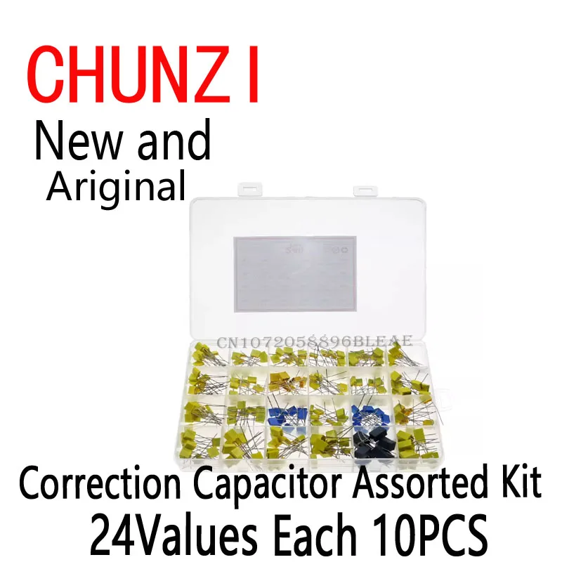 240pcs 24Values x 10PCS 63V-100V 102J-105J Polypropylene Safety Plastic Film Correction Capacitor Assorted Kit