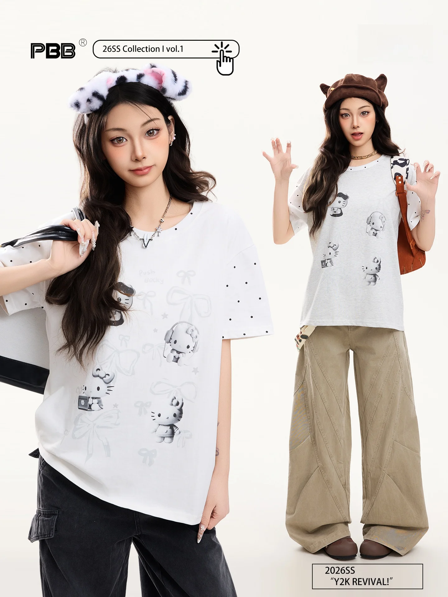 

PBB Casual Cartoon Print Oversized Short Sleeve Women's T-shirt round Neck Summer Top Comfortable Loose Fit Youthful Style