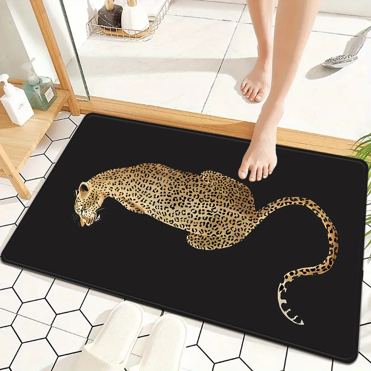Black-background animal-themed leopard-print runner mat, suitable for kitchen and bathroom entrances