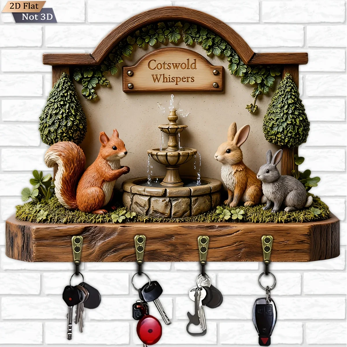 2D Flat, 1pc, Wooden Key Hook and Rack Themed with Squirrel, Rabbit, and Fountain, Multi-functional for Home, Equipped with