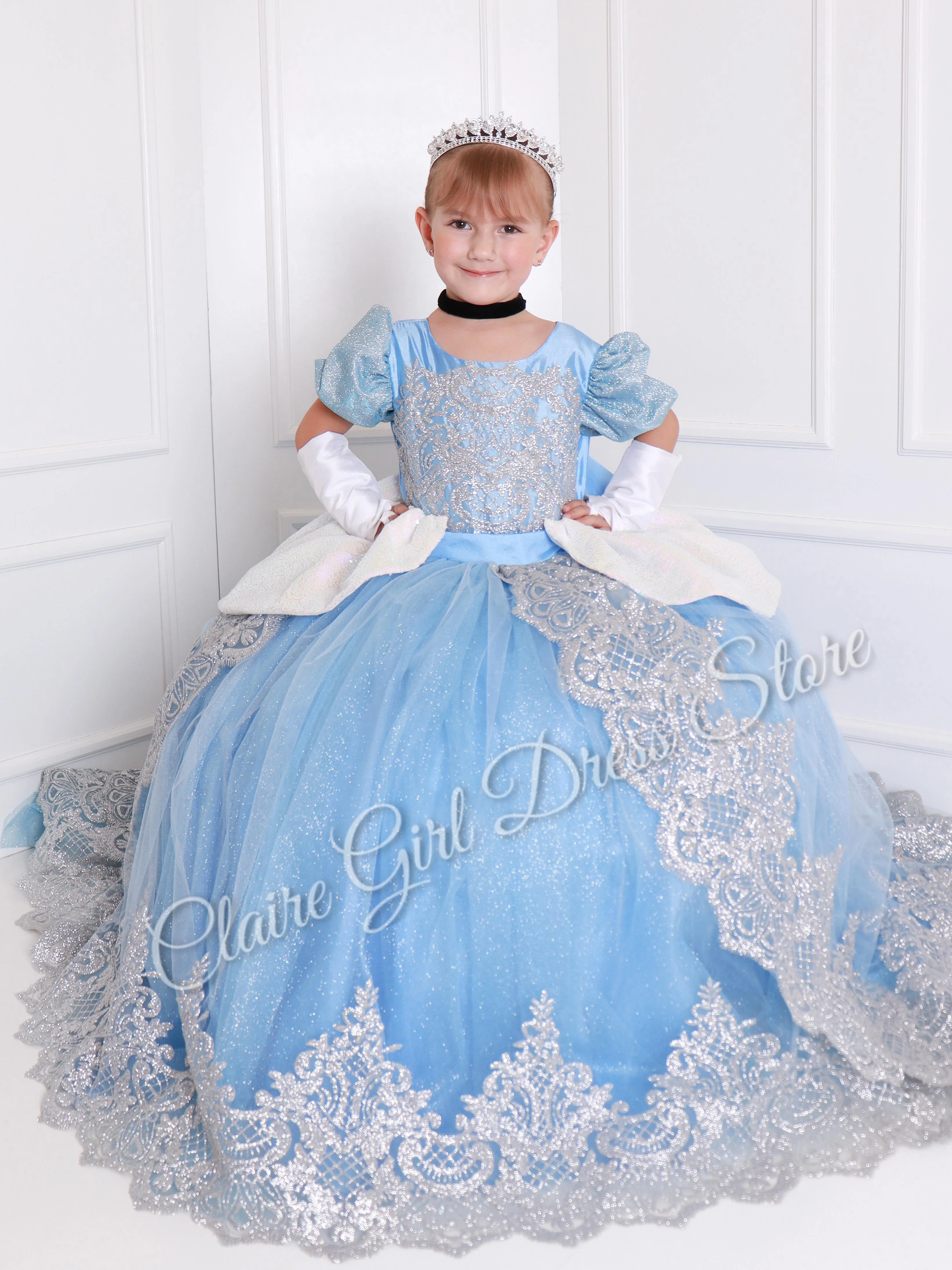 

Customized Sky Blue Flower Girl Dress For Wedding Lace Shining Puffy Applique Princess Baby Kids Birthday First Communion Gown