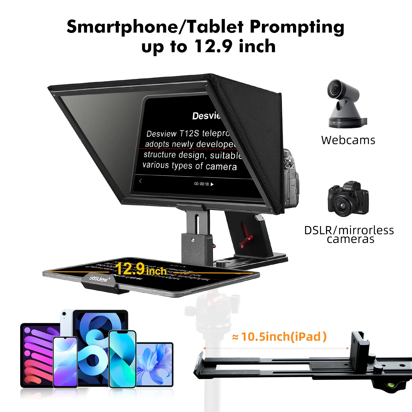 Desview T12S Aluminium Alloy Teleprompter 12.9 Inch High Resolution Display for iPad Tablet Smartphone for Camcorder DSLR Camera