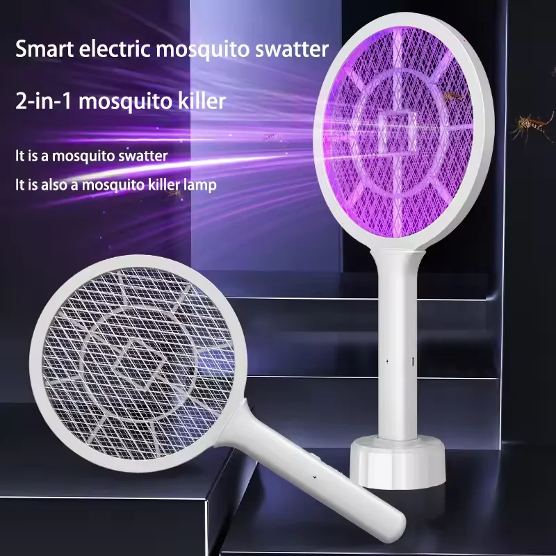 Dual Mode Mosquito Killer: Smart UV Lamp & Electric Swatter, 3-Layer Safe Grid, USB Rechargeable with Stand for Bedroom Home Use