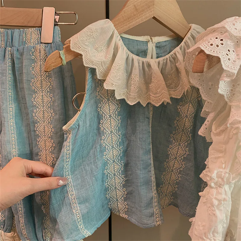 Dziewczęca koronkowa kamizelka zestawy księżniczek letnie nowe dzieci dzieci niemowlęta moda 2 szt. Zestaw