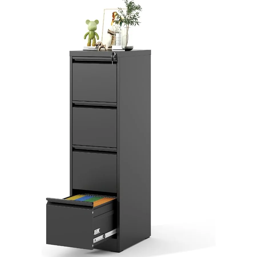 Home Office File Cabinet: 4-Drawer Vertical Steel Cabinet with Lock, Gray, Heavy-Duty Metal Construction for Letter and Legal S