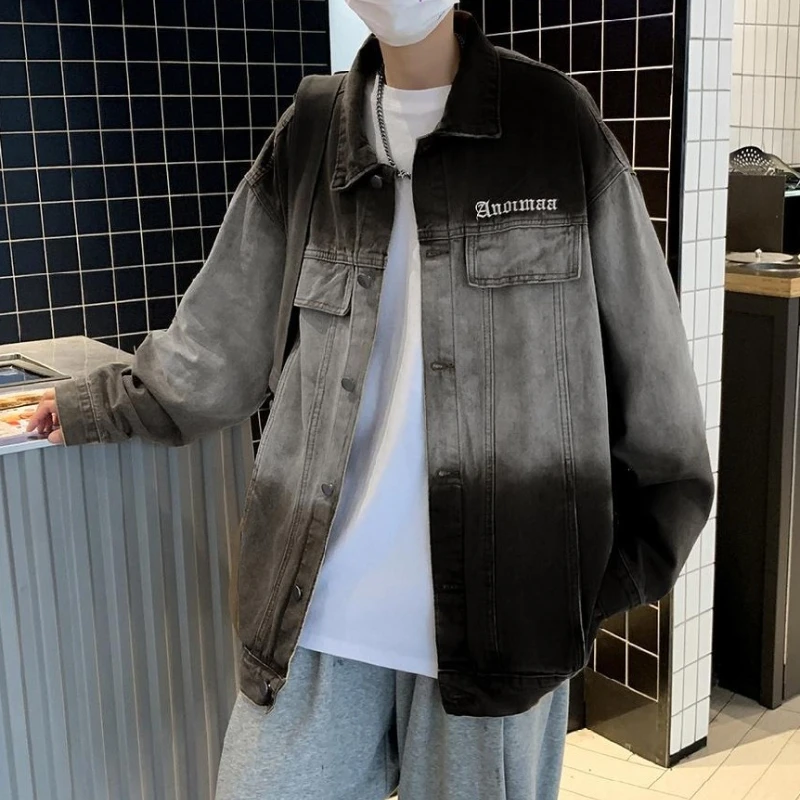 

Мужские джинсовые пальто градиентного цвета с лацканами, мужская джинсовая куртка высокого качества, модная оригинальная одежда, быстрая доставка, стираная верхняя одежда