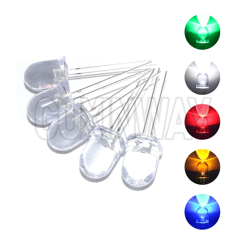 10pcs F10 10mm LED 5 Colors Red Blue Yellow Green White Transparent 20mA 0.75W Ultra Bright Round LED Light Emitting Diode Lamp