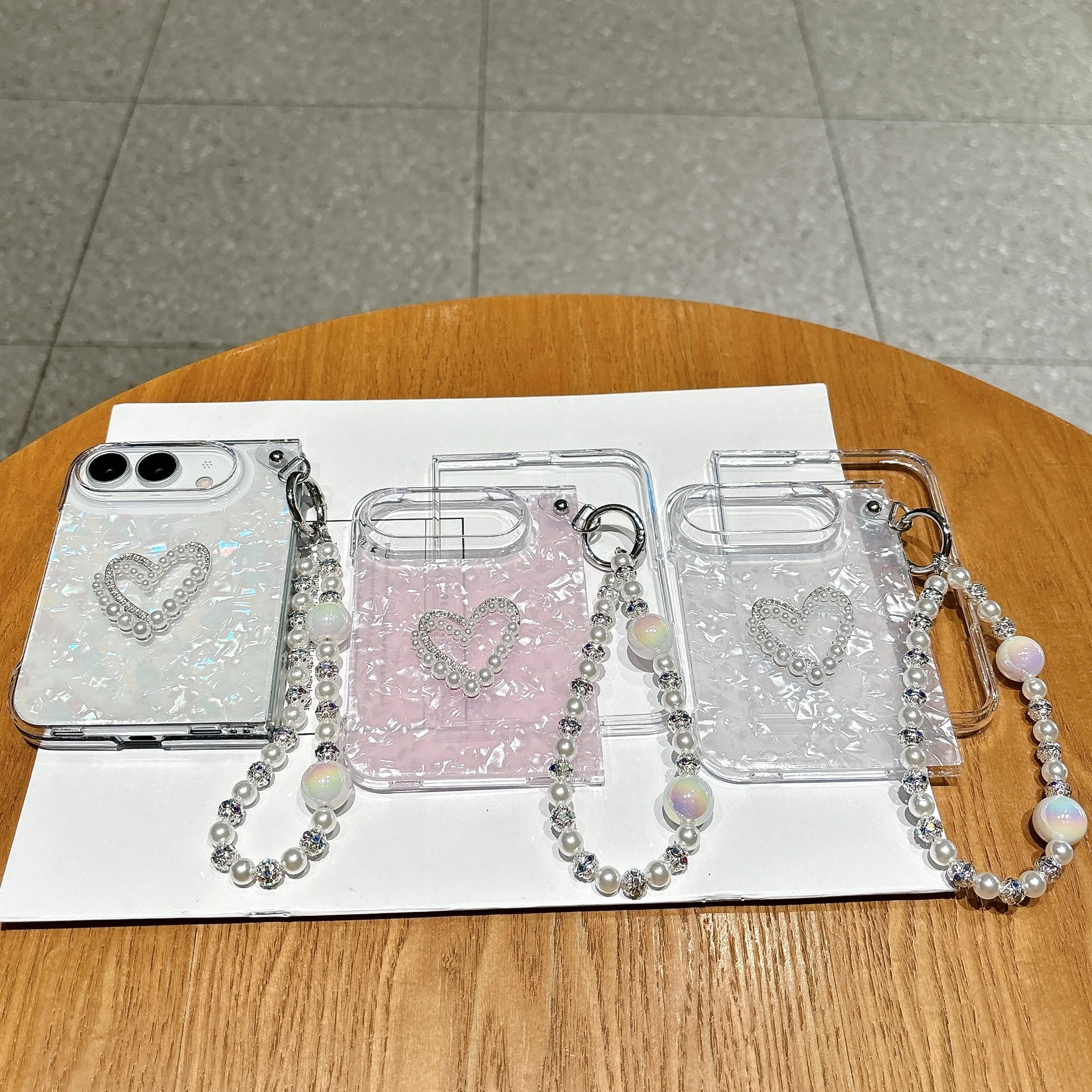 Fashion Shell Pattern Heart-shaped Pearl Strap Phone Case for iPhone Ultra 18 Fold Wide Shockproof Comfortable Grip Slim Cover view 6