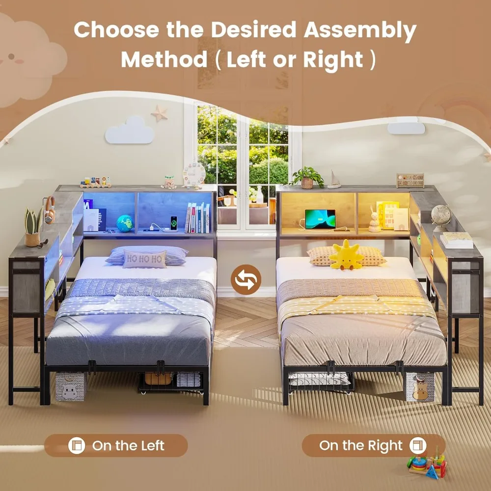 Tempat Tidur Sudut Twin XL dengan Rak Buku Penyimpanan, Tempat Tidur Siang Ukuran Twin XL dengan 2 Laci Penyimpanan di Bawah, Unit Tempat Tidur Anak