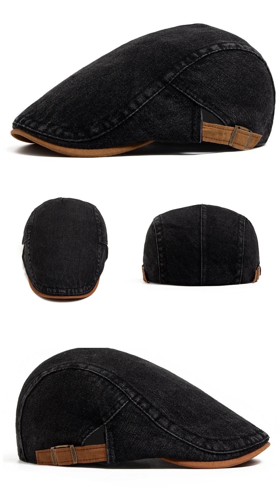 Denim Baumwolle Newsboy Cap Frauen Patchwork Braun Weiche Baskenmütze Männer Flache Visier Hut Vintage Für Frühling Herbst Sommer Casual Einstellbar – Detail 6