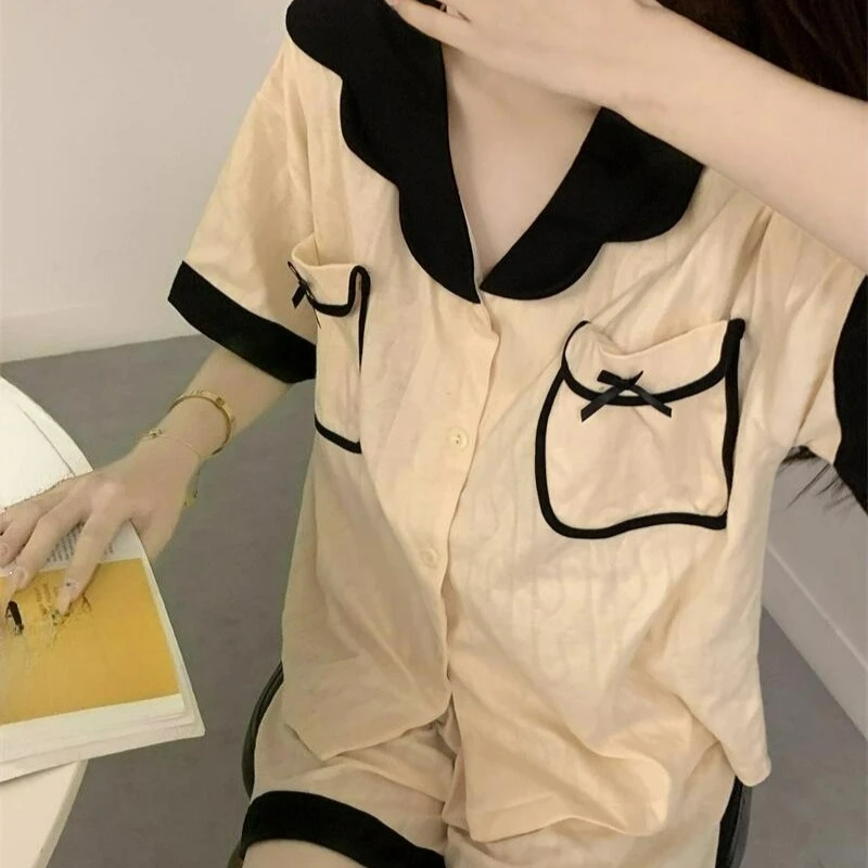 Ins Style New Korean Version of Premium Pajamas Women's Bows Simple and Sweet Dormitory Set Summer Short-sleeved Loungewear