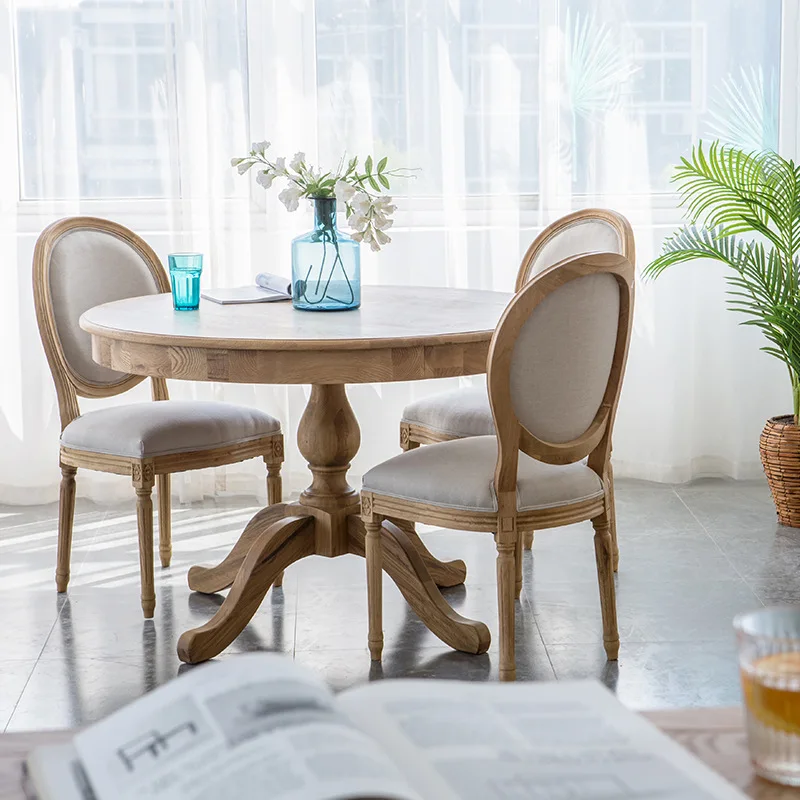 American rural retro  wood round dining table Nordic French full oak household log old table and chair furniture combination