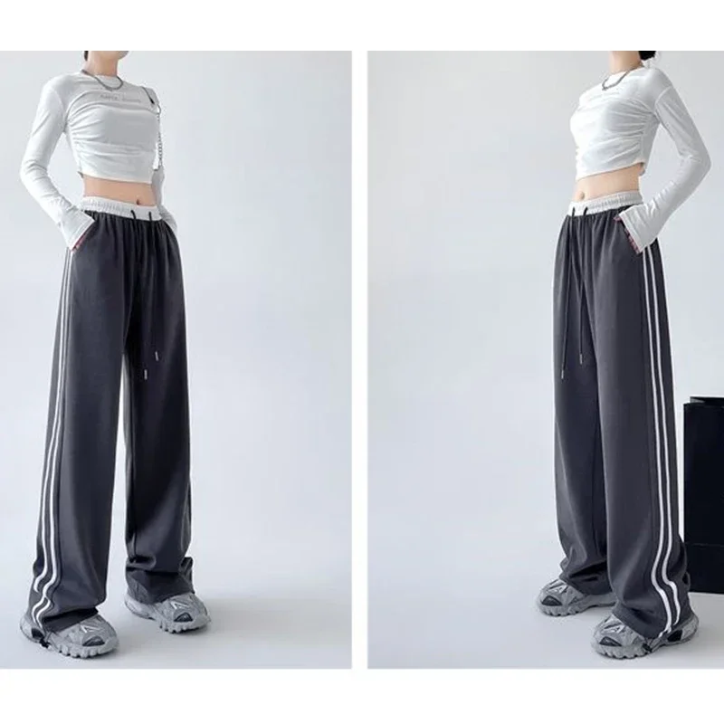 新作ファッションガールズパッチワークスウェットパンツレディースハイウエスト快適バギーパンツ女性韓国風クラシックワイドレッグパンツ