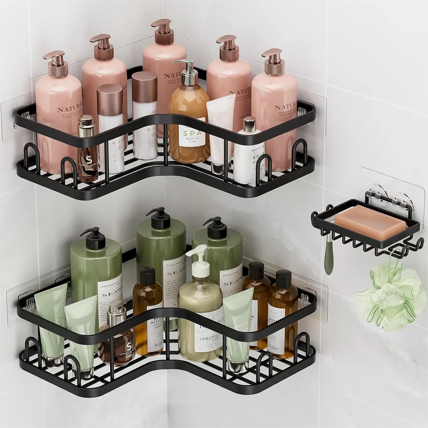 

Corner Adhesive Shower Caddy 3-Pack with Soap Holder & Hooks, No Drilling Rustproof Shelves for Bathroom Storage, Black