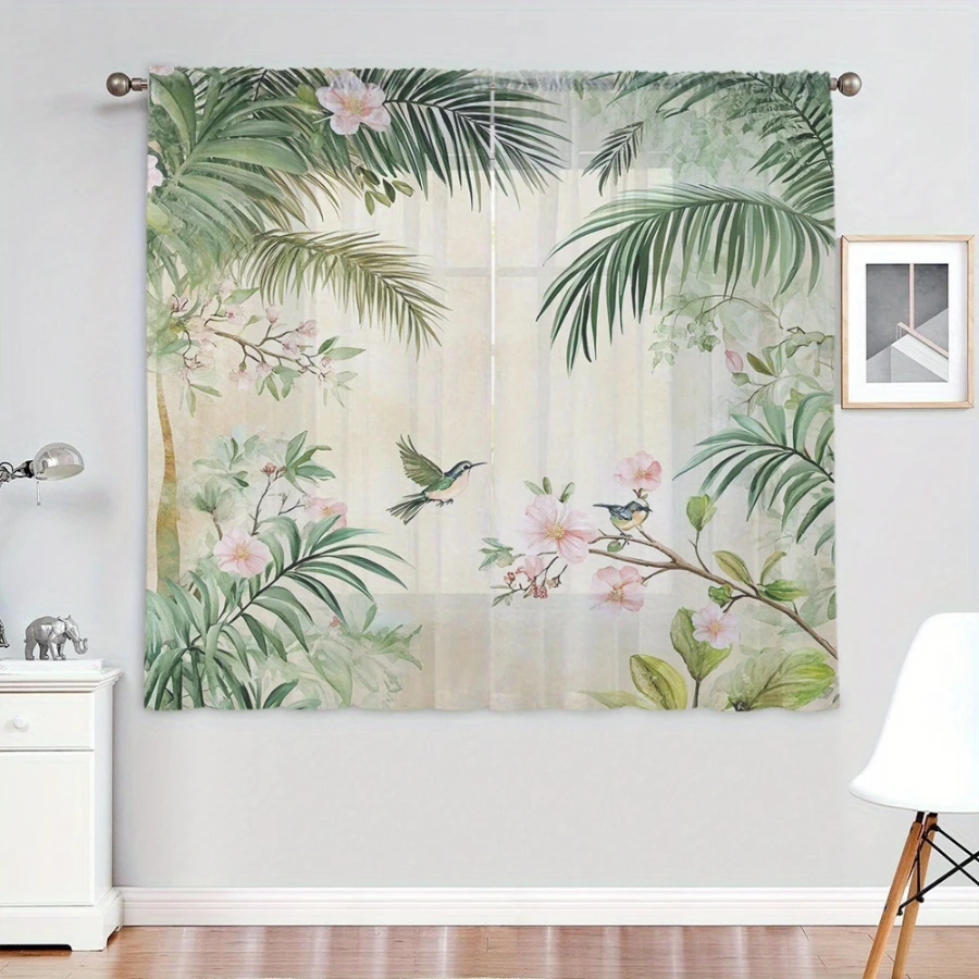2PCS Digital Print Sheer Curtains, Bird Flower Green Plant, Natural Forest Style for Living Room Bedroom Window Decoration