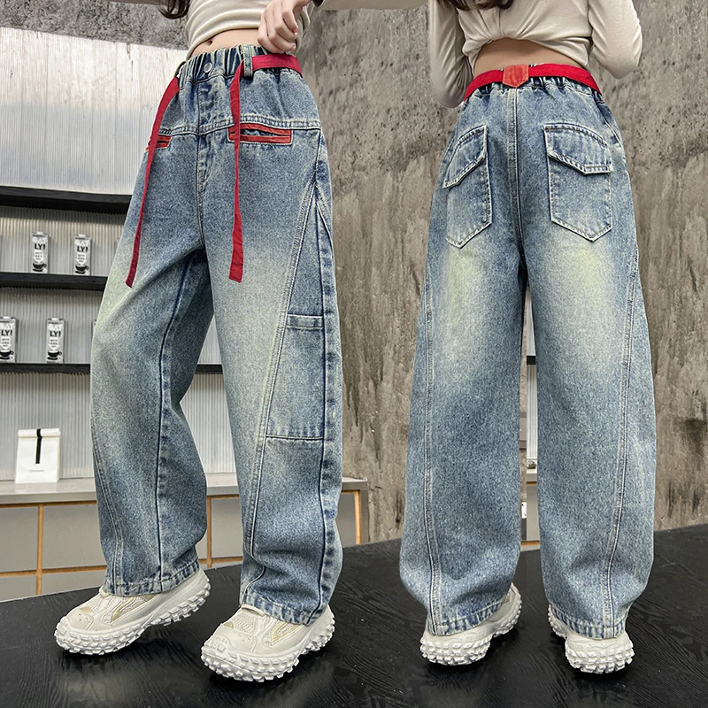 

Kids Autumn y2k Vintage Blue Korean Girl Carpenter Jeans with Drawstring Streetwear Gothic Denim Pants Children Casual Trousers