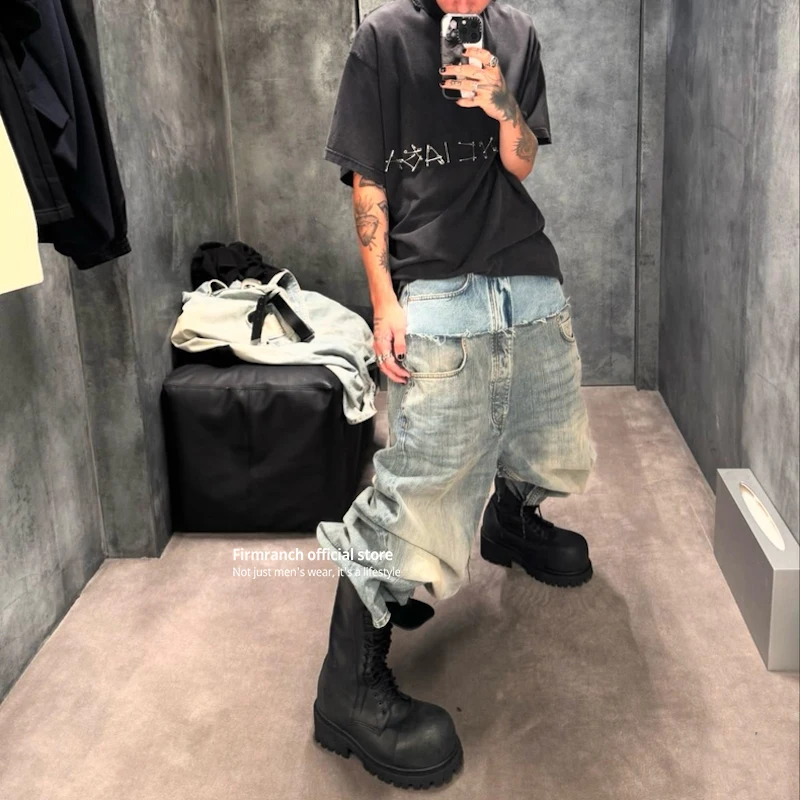 

Firmranch New CUT-UP Double-layer Double-waist Splicing Baggy Jeans For Men And Women Blue Cat Whisker Wreck Baggy Denim Pants