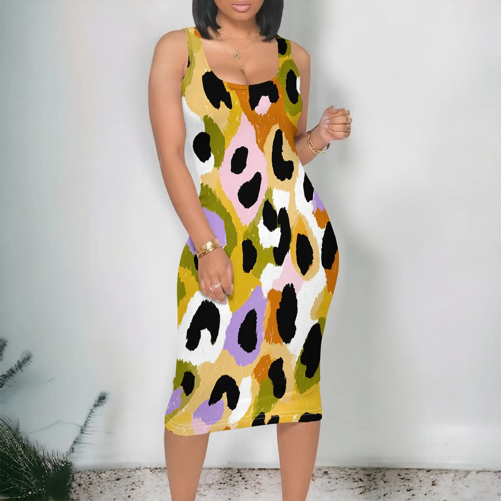

Colorful Abstract Leopard Tank Dress S-3XL Sleeveless Bodycon Style for Summer Streetwear, Vacation or Art Festival Look