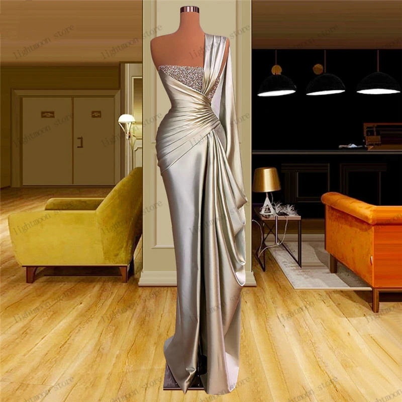 Gorgeous Evening Dresses Satin Shiny Prom Dress One Shoulder Floor Length Robes For Formal Party Vestidos De Gala Customized