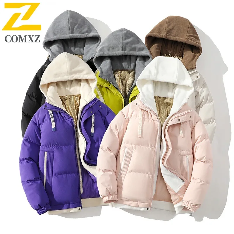 

COMXZ 2025 Autumn Winter Graphene Two Piece Cotton Jacket Unisex Loose Fit Thick Color Block Hooded Fashion Coat windbreaker