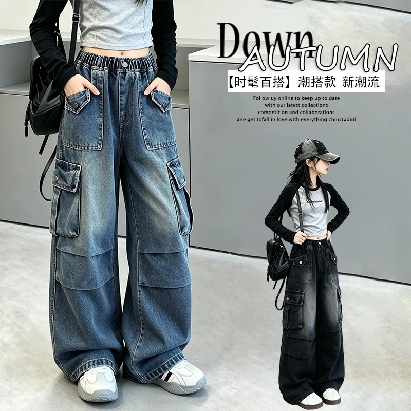 Girls Cargo Wide Leg Jeans, Elastic Waist Vintage Washed Denim Pants Multi Pockets Spring Autumn Teen Girls Streetwear Trousers