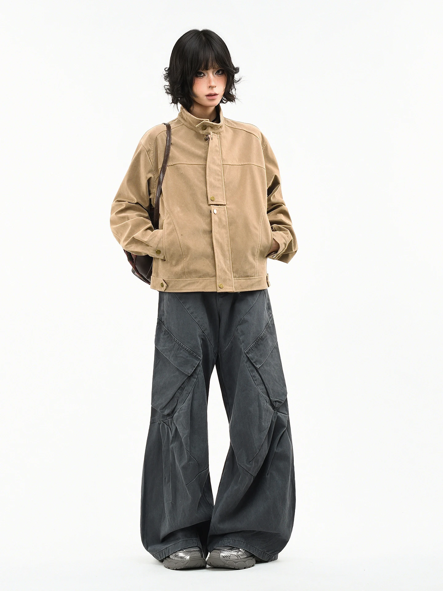 OV オリジナル アメリカン バーン スタイル ショート パッド入りジャケット レディース ルーズフィット ベルベットカラー 春シーズン レトロ ハリントン コート