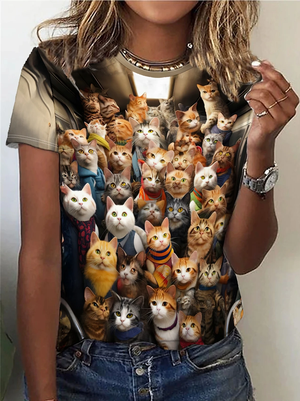 Many cute little cats Print T-shirt, Casual Crew Neck Short Sleeve Top For Spring & Summer, Women\'s Clothing