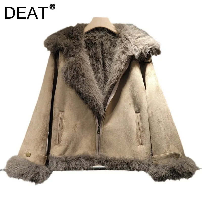 DEAT Women's Suede Coat Faux Fur Turn-down Collar Zipper Thick Plush Motorcycle Style Jackets 2024 Winter New Fashion 29L8824