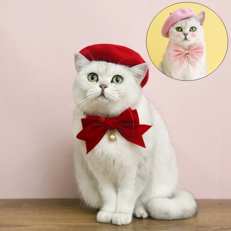 Pet Cat Hat Headgear Fine Workmanship Cashmere Elegant Soft Beret Bow Tie Collar Decoration Dogs Cap Beret For Decor New Year