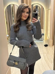 Gray Ribbed Long Sleeve Knitted Mini Dress Women Elegant Solid Slim Sweater Dress Autumn Winter 2025 Casual Knitwear Short Dress