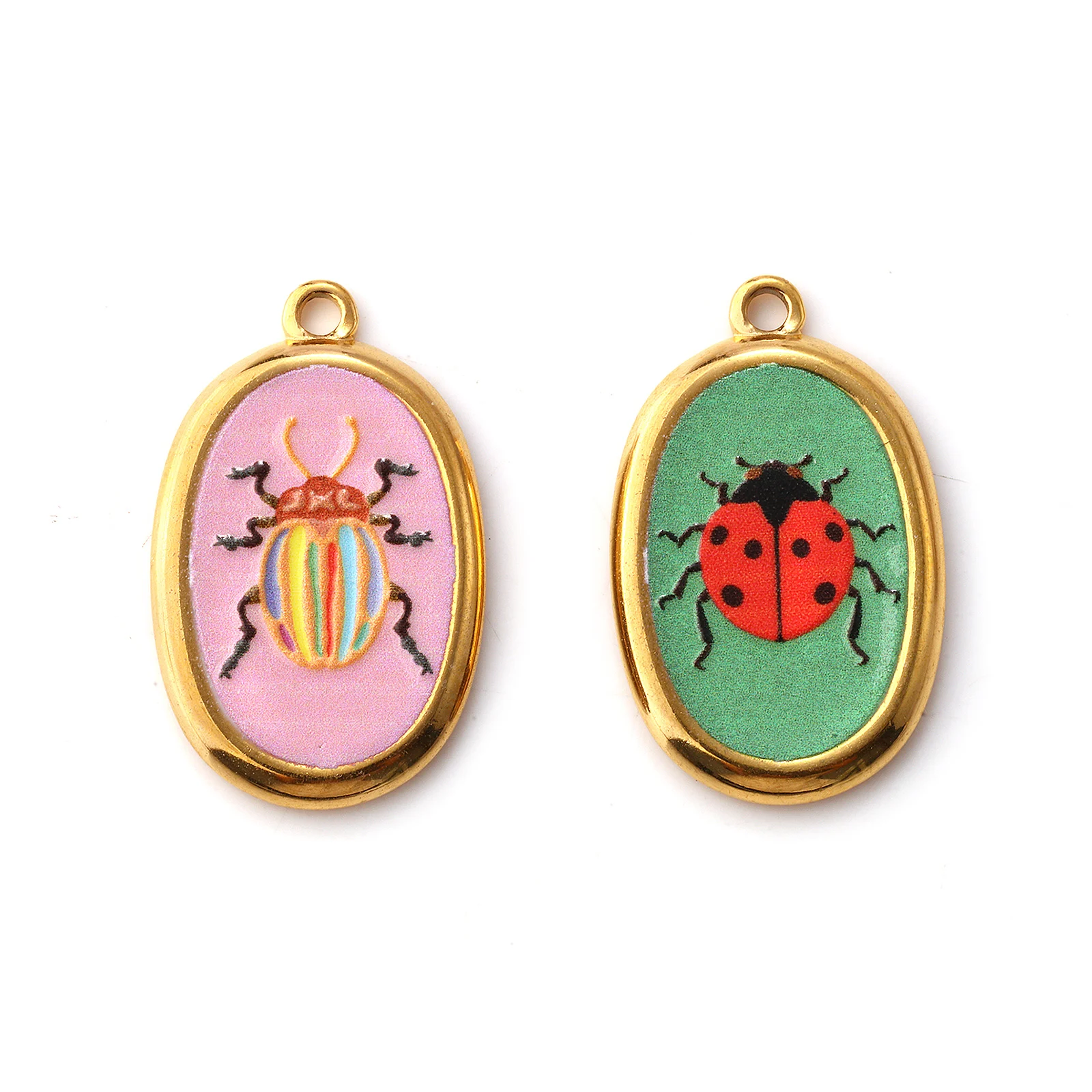 2 Pcs 304 Stainless Steel Insect Charms 18K Gold Plated Oval Printed Ladybug Beetle Pendants For DIY Necklace 28mm X 17.5mm