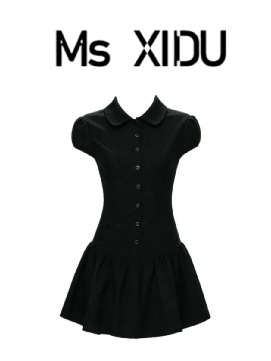 

Ms XIDU American Retro Black Stripe Women's Dress Slimming Summer New Style Dress with Shorts Button up A-Line Skirt