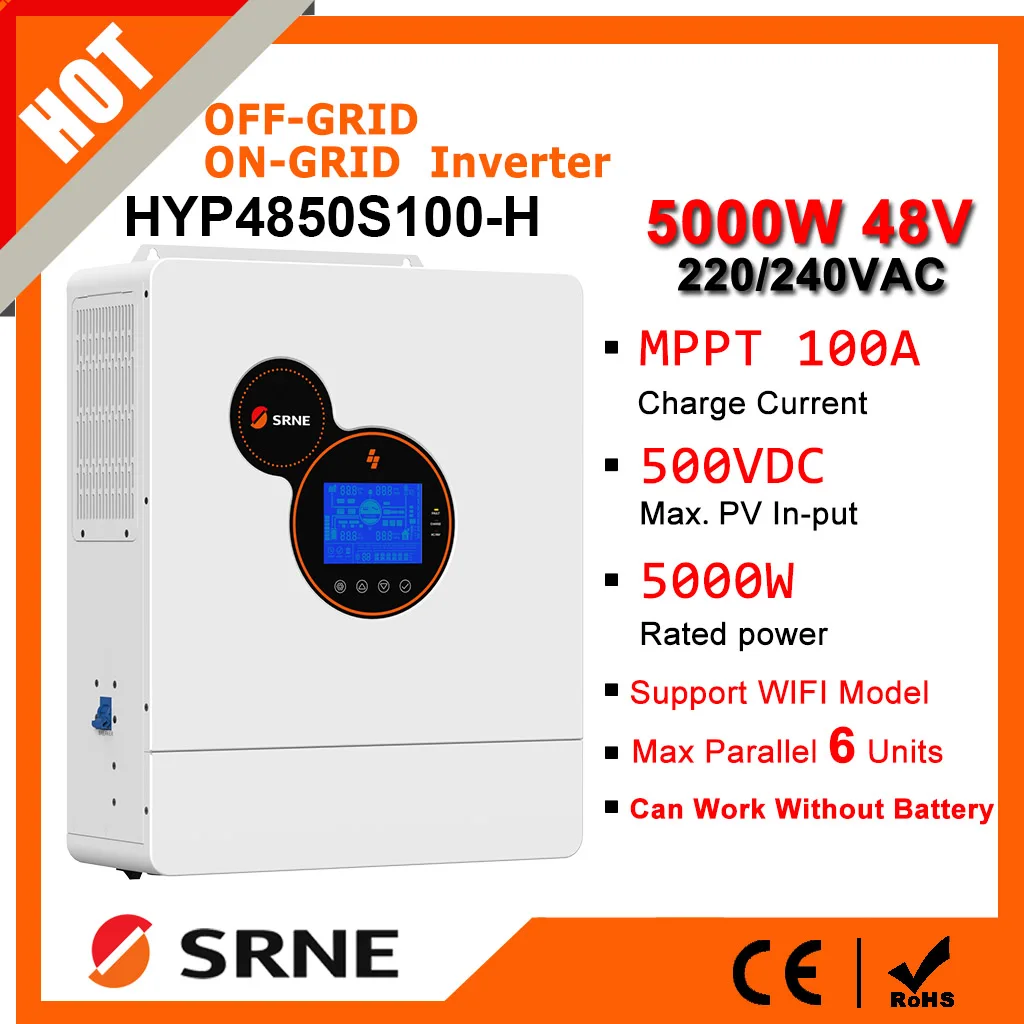 

SRNE 5KW/5KVA 48VDC 220/380VA 3 Phase Hybrid Solar Inverter Off-grid/On-grid Inverter Mppt 100A Charger Max Parallel 6 Units