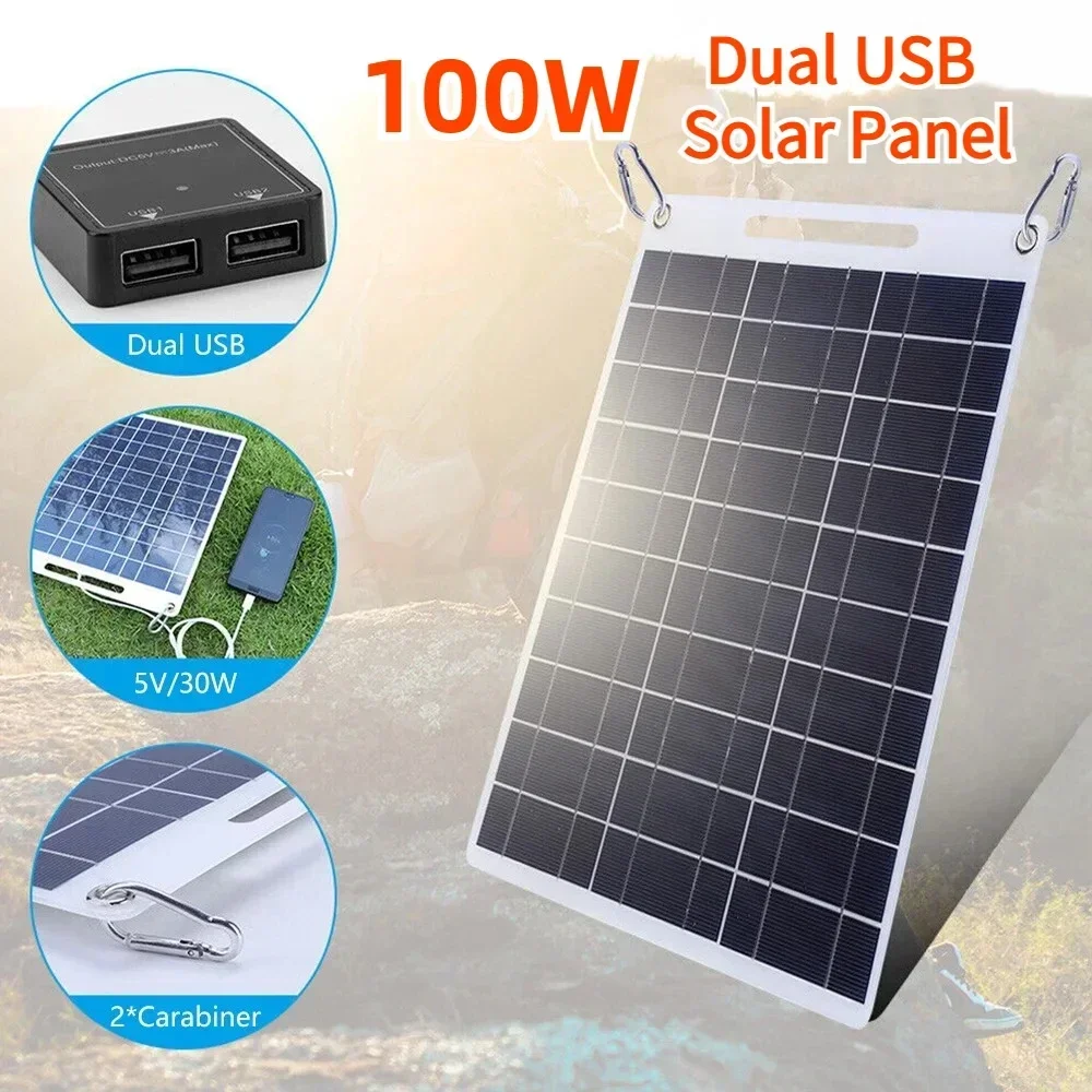 100W Solar Panel 5V Solar Mobile Charging Board Solar Plate Backpack Solar Charger Dual USB Ports Outdoor Mobile Power Supply