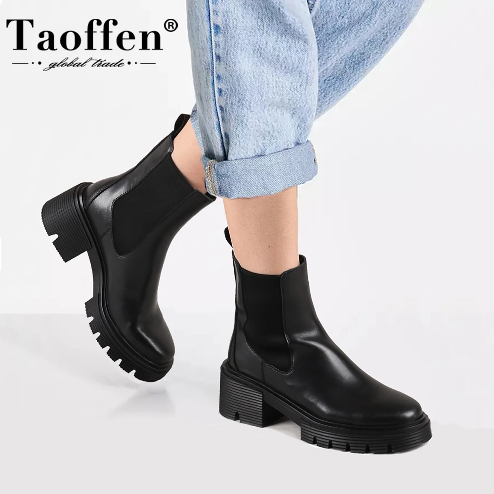 Toffen-Botas Chelsea de couro real para mulheres, elástico, salto robusto, botas de plataforma, deslizamento, luxuoso curto, senhoras, tamanho grande 36-43