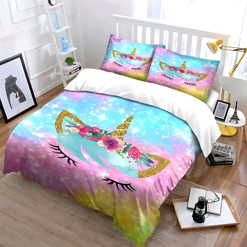 Glitter Galaxy Floral Unicorn Duvet Cover Set, Gold Glitter Horn Kids Bedding Includes 1 Duvet Cover And 2 Pillowcase, Gift