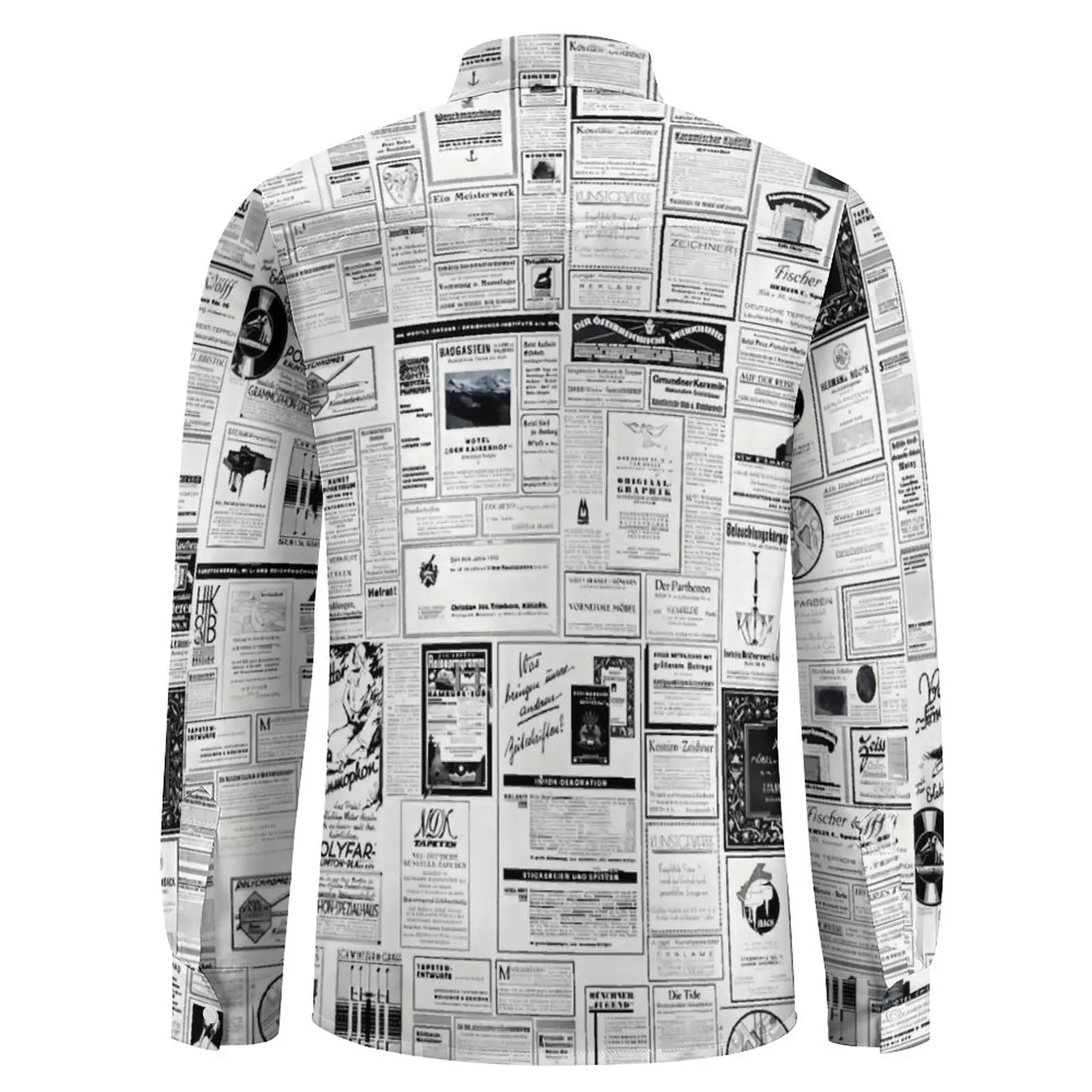 Newspaper Print Shirt Mens Vintage Advertising Casual Shirts Autumn Y2K Custom Blouses Long Sleeve Cool Oversize Clothing Gift