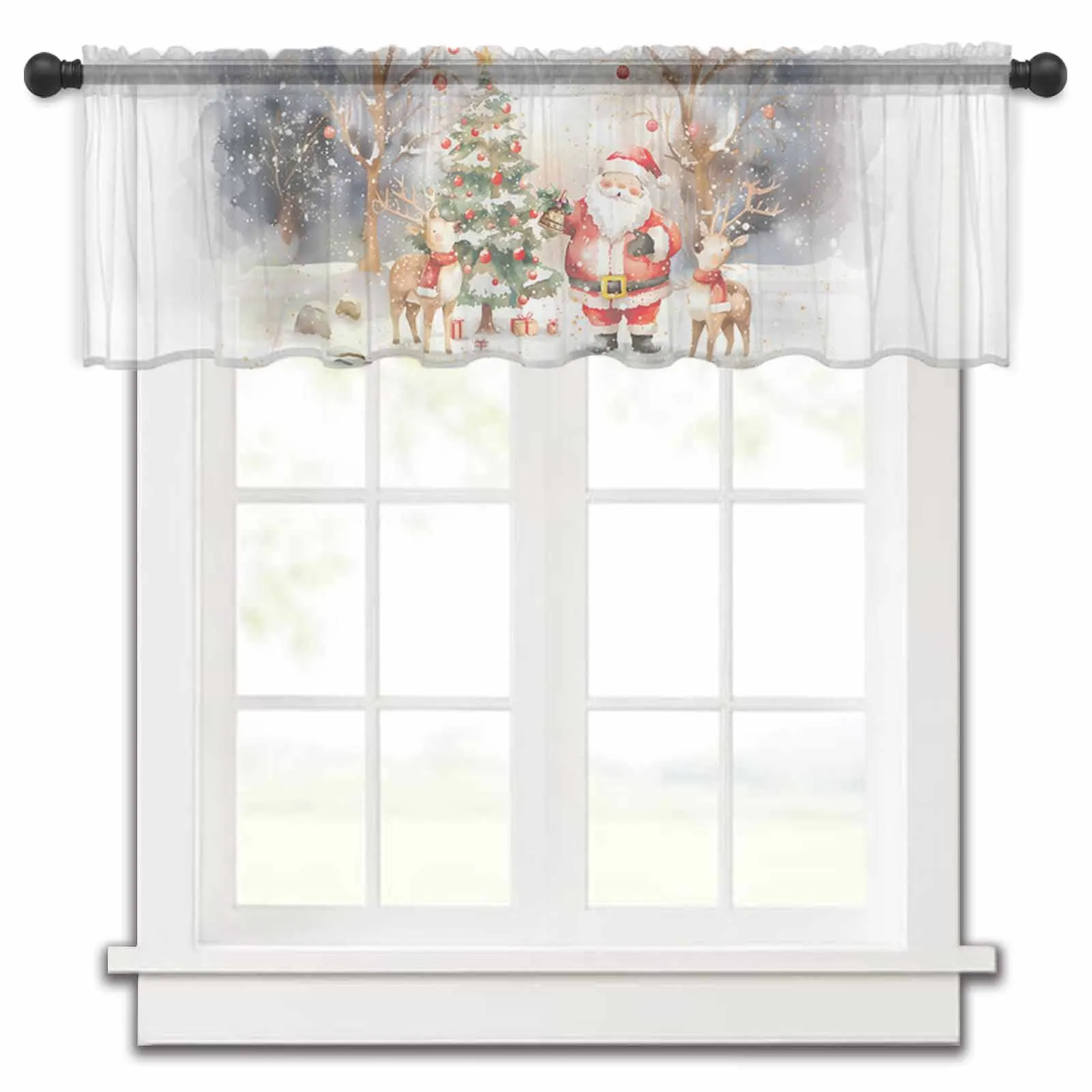 Christmas Tree Santa Claus Reindeer Grove Kitchen Small Window Curtain Tulle Sheer Short Curtain Living Room Voile Drapes