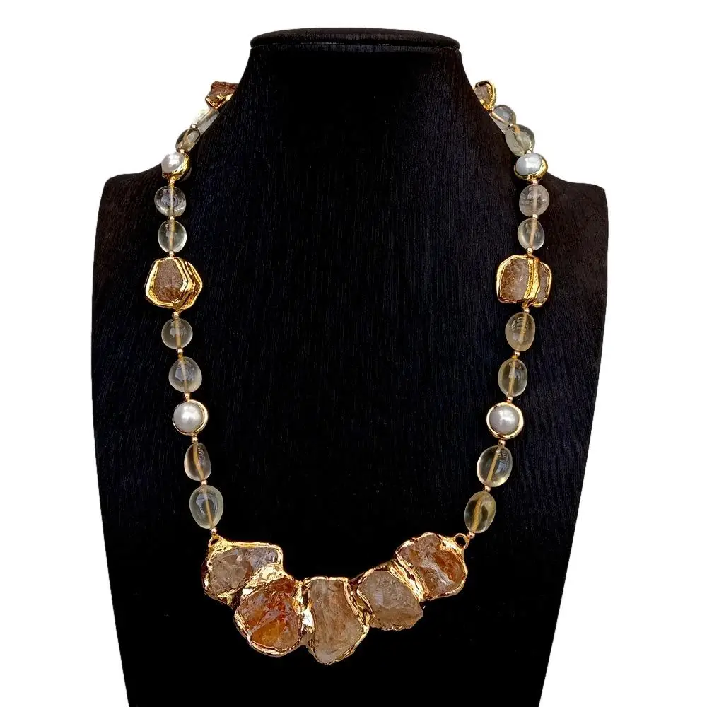 

KKGEM 19x21mm Natural Yellow Citrine Rough Connector 14mm Freshwater White Pearl Lemon Quatz Necklace