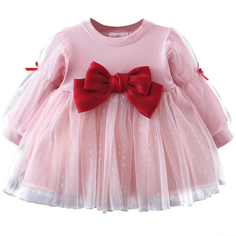 2024Girls Dress Spring Autumn New Small Medium Children Girls Baby Long-Sleeve Sweet Stitching Mesh Princess Dress Tutu Dress