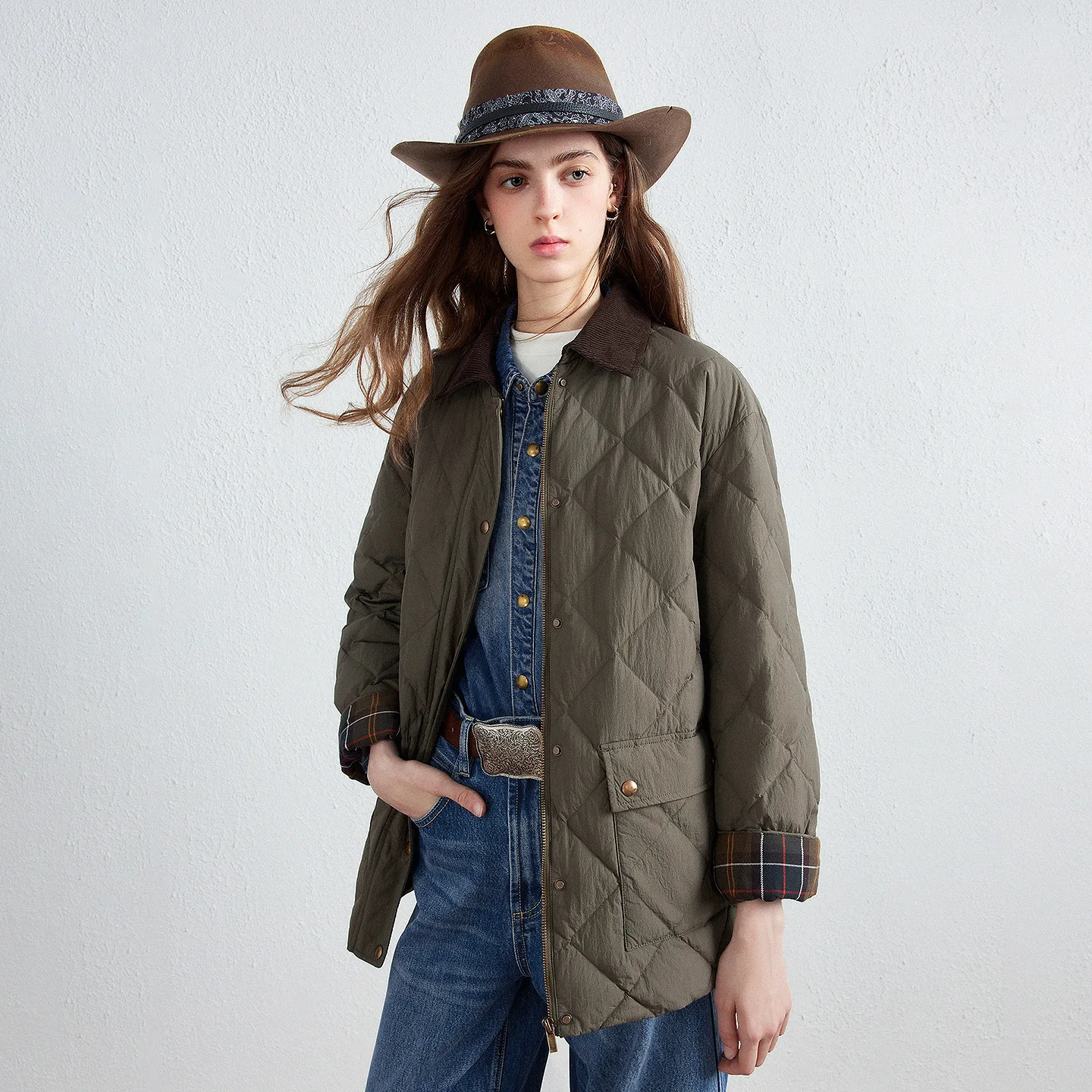 TOYOUTH Women Color‑Contrast Corduroy Collar Down Jacket 2026 Winter New Cargo Pocket Spliced Plaid Coat