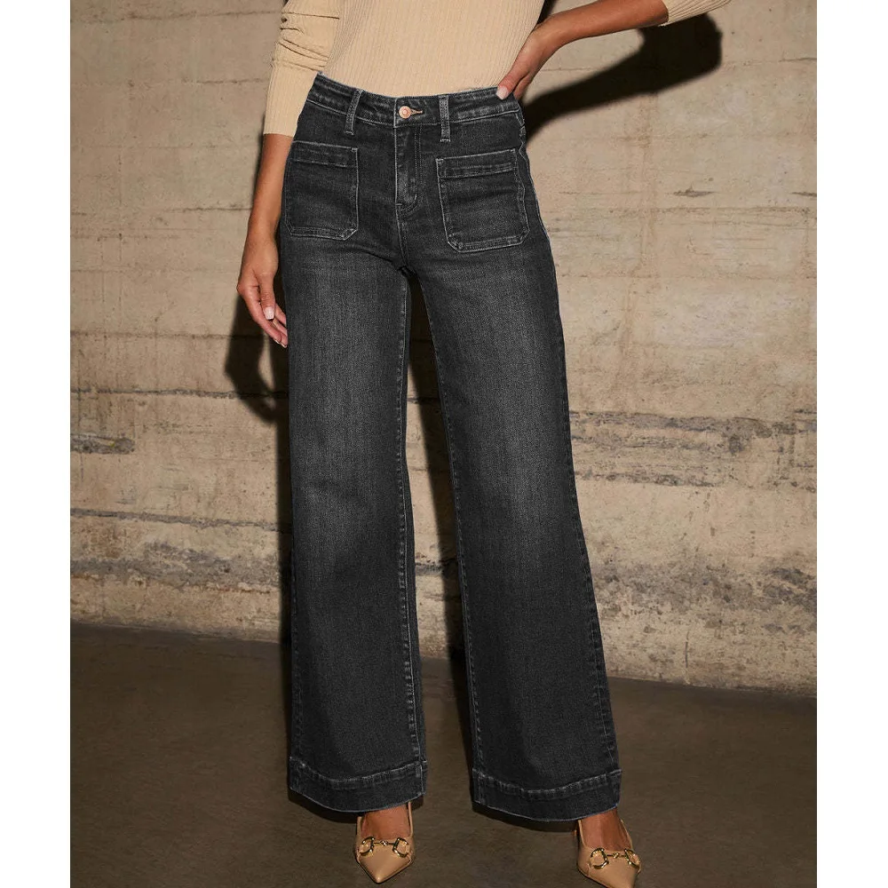﻿ ﻿   Jeans Denim Pinggang Tinggi untuk Wanita Celana Lurus Kaki Lebar Vintage Celana Saku Kasual Wanita Pantalon De Mujer