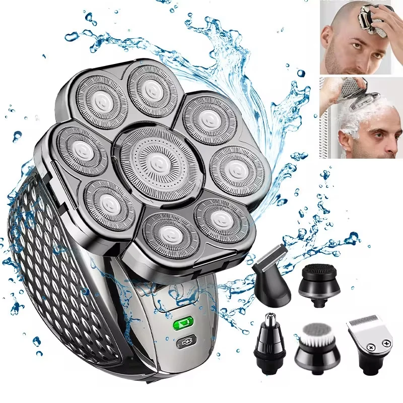 Cabeça careca masculina barbeador elétrico 9 lâminas flutuantes 6in1 cabeças barba nariz orelha aparador de pêlos clipper escova facial recarregável