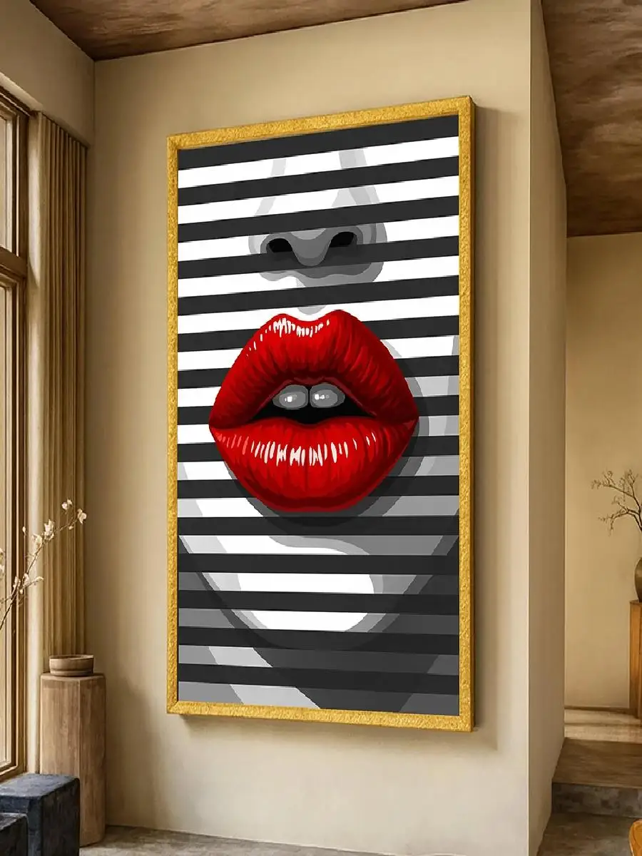 Striped Black White Lips Canvas Painting  Bold Abstract Lip Art Modern Pop Wall Decor Fashion Home Poster Print