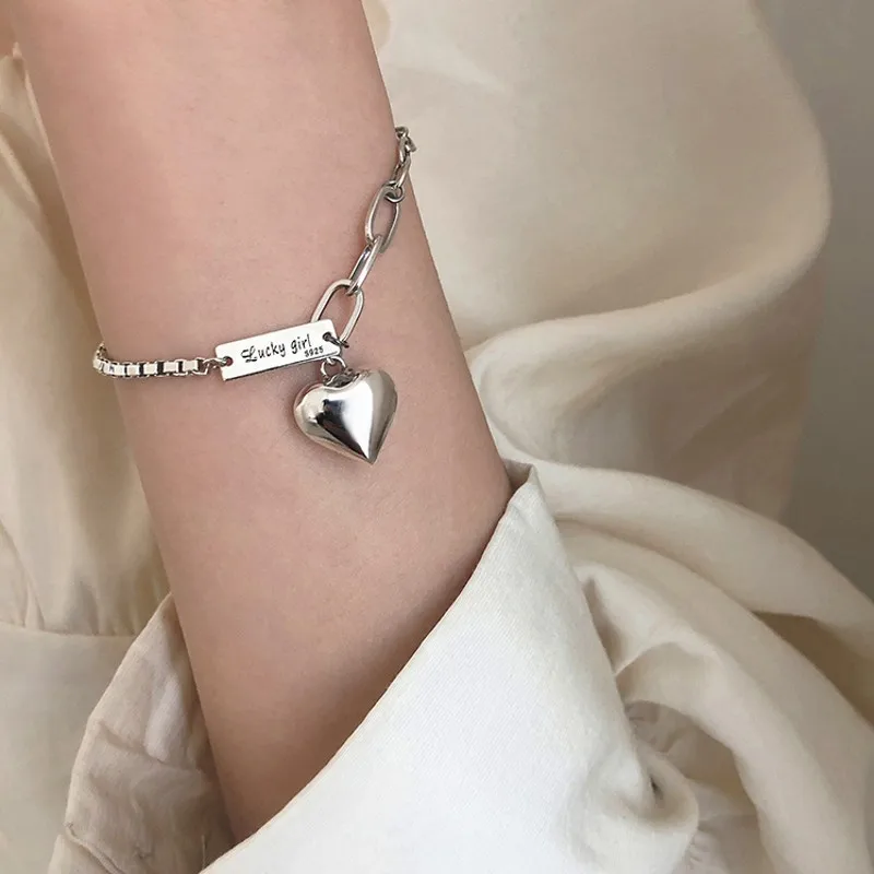 Lucky Girl Engraved Bar Bracelet Chunky 3D Heart Pendant Mixed Chain Silver Adjustable Bracelet Y2K Women Fashion Jewelry