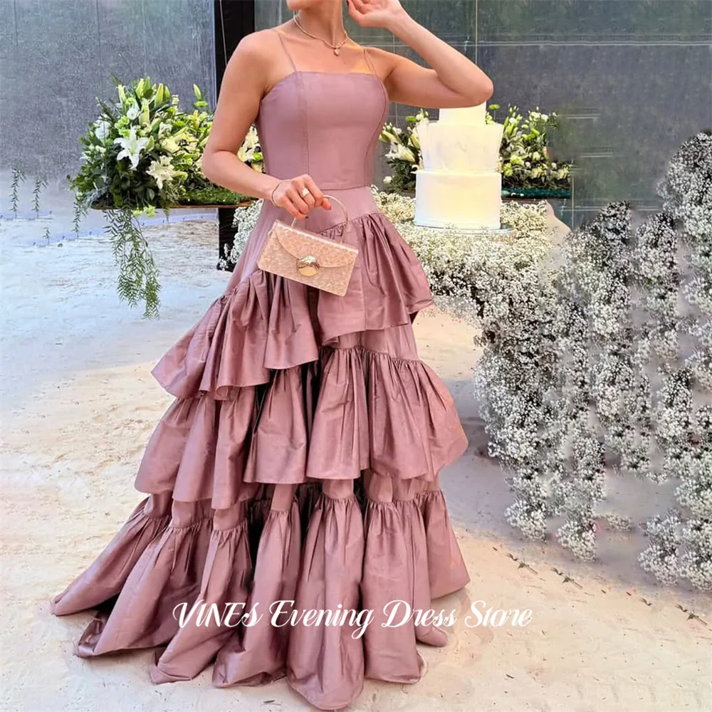 

VINES Dusty Rose Party Dress Spaghetti Strap Evening Dress with Tiered Ruffle Formal Gown A Line Prom Gown for Women Customized