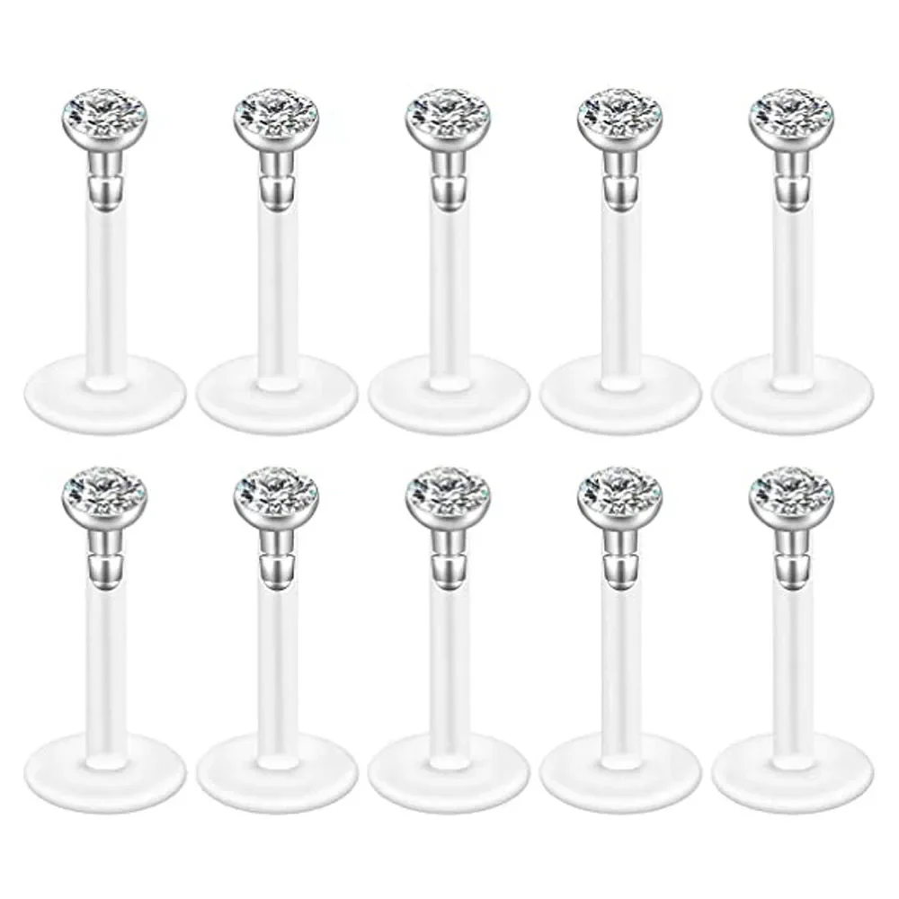 10pcs 16G Czech Crystal Clear Flexible Bioflex Acrylic Bar Studs Lip Rings Helix Stud Earrings Ear Nose Piercing Body Jewelry