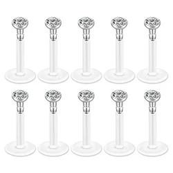 10pcs 16G Czech Crystal Clear Flexible Bioflex Acrylic Bar Studs Lip Rings Helix Stud Earrings Ear Nose Piercing Body Jewelry