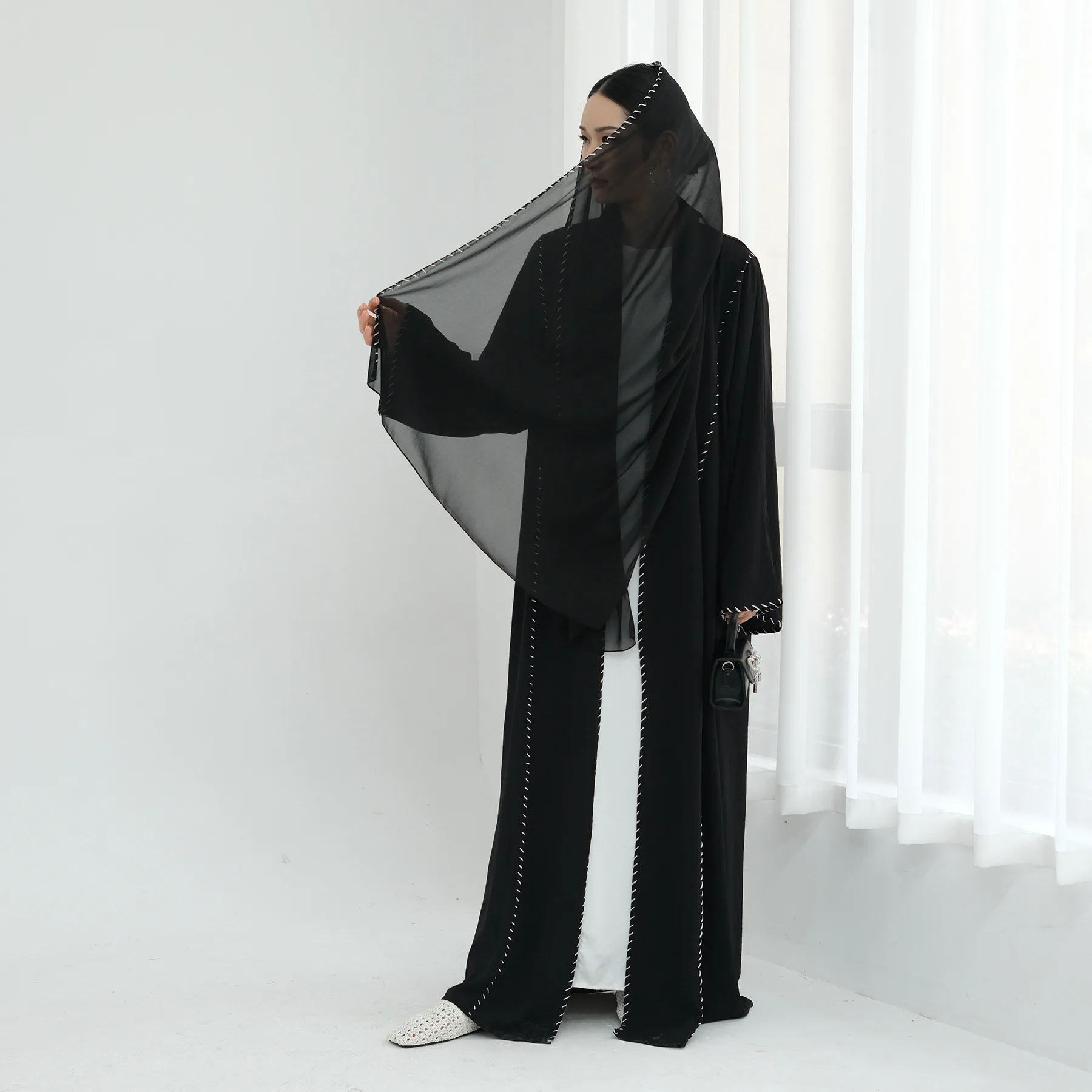 

Модная арабская женская абайя с длинными рукавами, свободного кроя, элегантная, с встроенным платком, открытая абайя-кимоно, исламская одежда